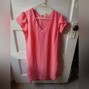 T-Shirt style poly zip-back bold salmon colored summer dress.